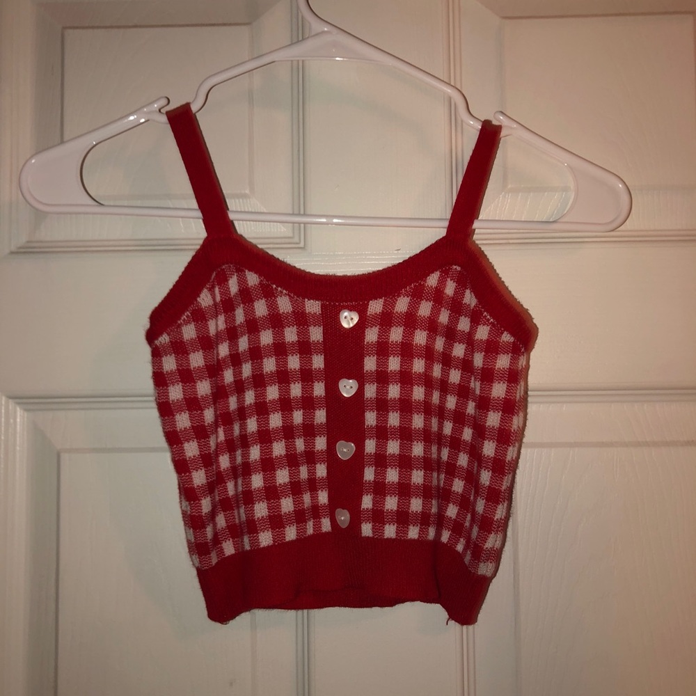 Red and White Plaid Crop Top with Heart Buttons